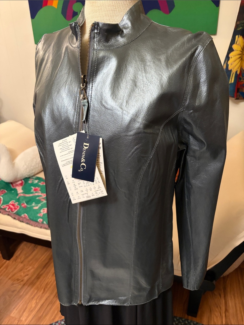 Women's Metallic Gray Leather Teal Suede Reversible Zip-Front Jacket